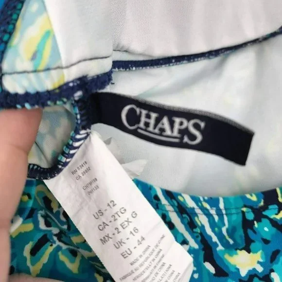 Chaps 12 Blue Green Yellow Abstract Paisley Neck Tie Padded Tankini Swimsuit Top - Picture 2 of 11